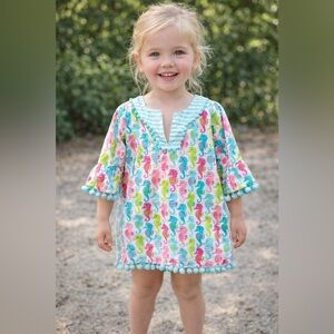 Mud Pie Seahorse Pom Pom Dress Cover-Up Girls Beach Swim - 4t